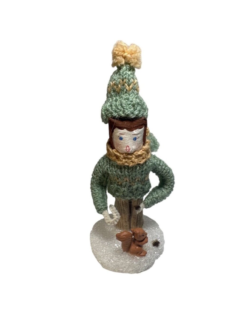 Handcrafted Winter Boy Figurine With Knit Hat Sweater & Squirrel Scene 5" Tall